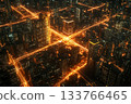 Cityscape featuring glowing data connections between urban homes at dusk 133766465