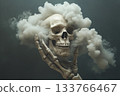 Skeletal hand gripping skull while clouds form in the background 133766467
