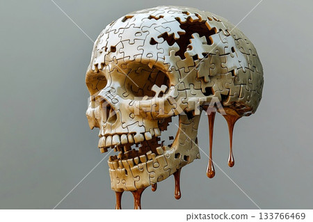 Melting puzzle skull with dripping pieces resembling flowing water Melting puzzle skull with dripping pieces resembling flowing water 133766469