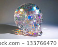 Crystalline puzzle skull reflecting rainbow light in peaceful indoor setting 133766470