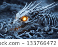 Skeletal dragon skull with glowing eyes resting on rocky landscape at dusk 133766472