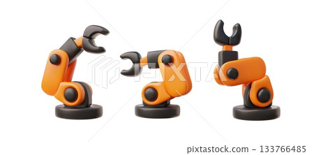 3D set of orange and black robotic arms in different positions. 133766485