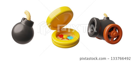 3D set of a pirate, a cannon on wheels, a bomb with a fuse, and a compass. 3D set of a pirate, a cannon on wheels, a bomb with a fuse, and a compass. 133766492