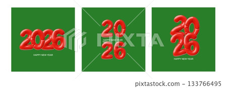 A set of 3D posters with inflatable red numbers 2026 on a green background. 133766495