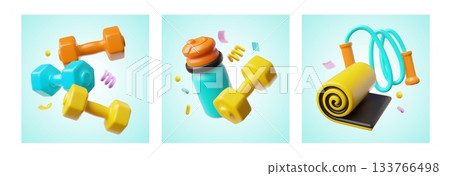 A set of square frames with fitness equipment, dumbbells, a bottle, a mat, a jump rope, and confit. A set of square frames with fitness equipment, dumbbells, a bottle, a mat, a jump rope, and confit. 133766498