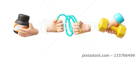 A set of 3D icons of hands, a jar of supplements, a jump rope, and dumbbells, in yellow and blue. 133766499