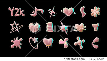 A set of Y2K style pixel fluid elements, pink color, glow effect, black isolated background. 133766504