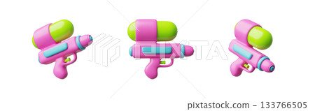 Water gun with refill water reservoir 3D cartoon plastic style vector set, kids game pink spray pump blaster weapon toy Water gun with refill water reservoir 3D cartoon plastic style vector set, kids game pink spray pump blaster weapon toy 133766505