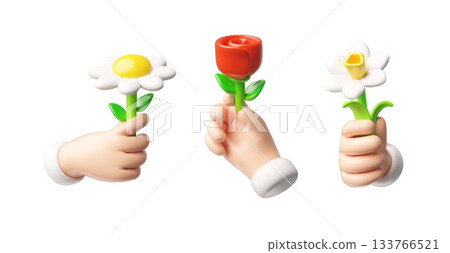 A 3D set of hands holding a single flower: a rose, a chamomile, and a daffodil. A 3D set of hands holding a single flower: a rose, a chamomile, and a daffodil. 133766521