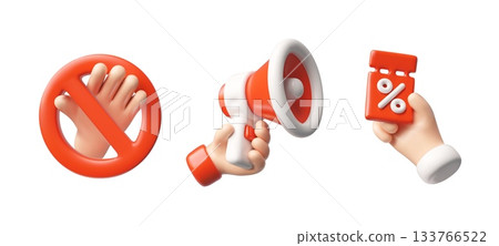 Prohibition sign, megaphone and discount coupon in hand 3D icons vector set, stop signal, sale and announcement symbols 133766522