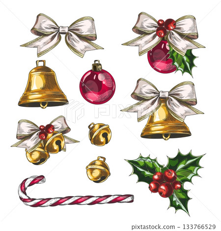 Christmas decorations hand drawn vector set, Christmas tree ball, mistletoe berries, bow, candy cane and jingle bells 133766529