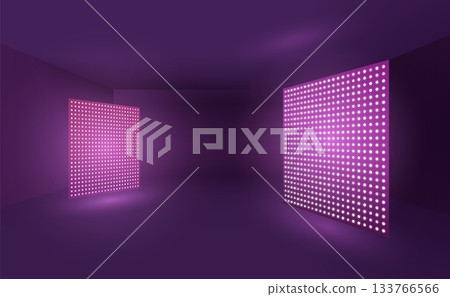 A studio room with a dark purple background and bright LED panels with a glowing effect. A studio room with a dark purple background and bright LED panels with a glowing effect. 133766566