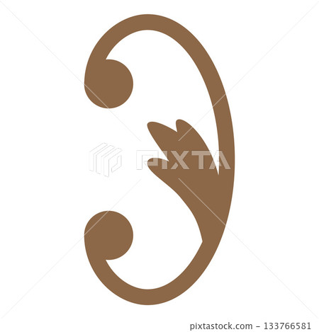 Fancy decorative curl leaves rounded element, floral line art, vector brown vintage flower ornament, Art deco flourish 133766581