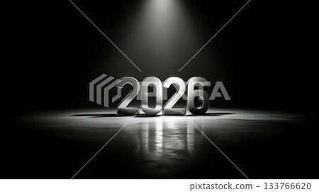 Silver 2026 under spotlight on reflective surface 133766620