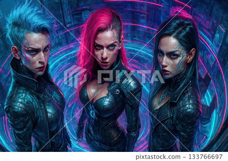 Three Diverse Cyberpunk Women Agents in Battle Ready Stance 133766697