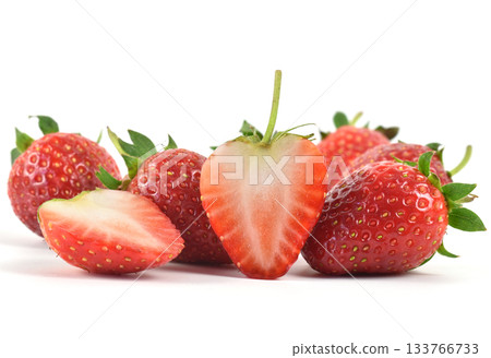 Close up of organic red strawberries on white background Close up of organic red strawberries on white background 133766733