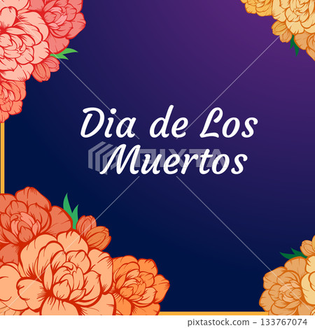 Day of the Dead, flower frame, Day of the Dead in Mexico. Marigold flower garland. Day of the Dead. Halloween. Indian flower garland. Religious festive holiday decoration. Vector. 133767074