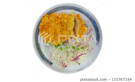 Tonkatsu (Japanese Fried Pork Cutlet) served with shredded cabbage salad. Isolated on white background. Tonkatsu (Japanese Fried Pork Cutlet) served with shredded cabbage salad. Isolated on white background. 133767184