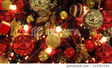 Christmas Tree Background with Shiny Golden Decorations 133767193