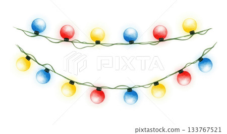 A frame of colorful round garlands in red, blue and yellow hang from wires, creating a festive and cheerful holiday atmosphere with copy space for a greeting message and text. 133767521