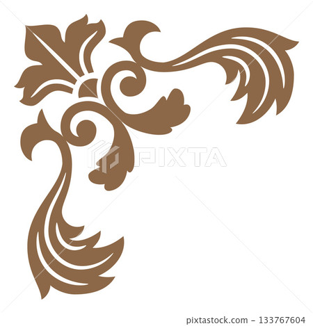 A golden, symmetrical corner ornament with scrollwork in a baroque style. A golden, symmetrical corner ornament with scrollwork in a baroque style. 133767604
