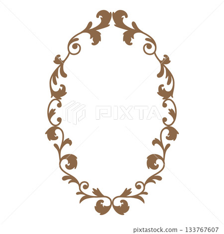 Brown vintage ornate round frame, vector fancy decorative element, oval ornament border, floral art ornament design 133767607