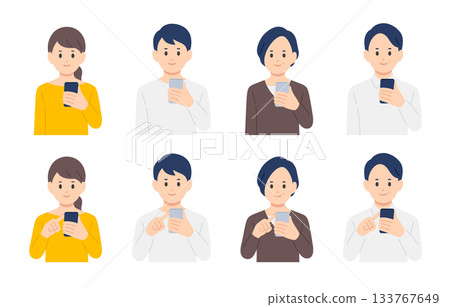 一群年輕和中年男女手持並操作智慧型手機 [人物向量插圖素材] 133767649