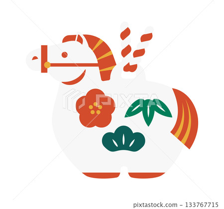 馬年吉祥物插圖,包括松樹、竹子和梅花。 馬年吉祥物插圖,包括松樹、竹子和梅花。 133767715