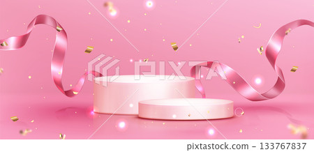 Pink podium stage with gold confetti Pink podium stage with gold confetti 133767837