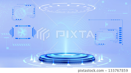 Hologram tech podium with neon light portal 133767859