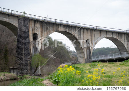 Spring park and railway bridge: Miyamorigawa Bridge, Tono City Spring park and railway bridge: Miyamorigawa Bridge, Tono City 133767968