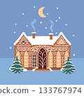 Gingerbread house vector featuring icing motifs and textured cookie facade, playful illustrative bakery style architecture on simple blue background 133767974
