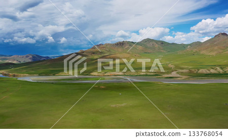Aerial mountains landscape in Orkhon valley 133768054
