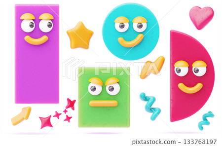 Cute math geometric shapes cartoon 3d characters with happy and angry faces. Abstract basic figures set - rectangle, circle, square, semicircle, heart, star, spiral, arrow, lightning. 3D illustration Cute math geometric shapes cartoon 3d characters with happy and angry faces. Abstract basic figures set - rectangle, circle, square, semicircle, heart, star, spiral, arrow, lightning. 3D illustration 133768197