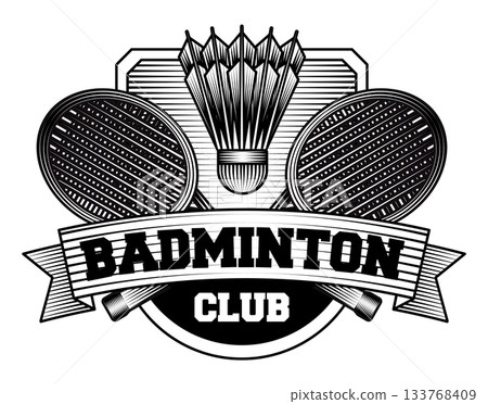Badminton sport club logo vector illustration of in vintage engraving style two crossed rackets and shuttlecock with ribbon championship badge design Badminton sport club logo vector illustration of in vintage engraving style two crossed rackets and shuttlecock with ribbon championship badge design 133768409
