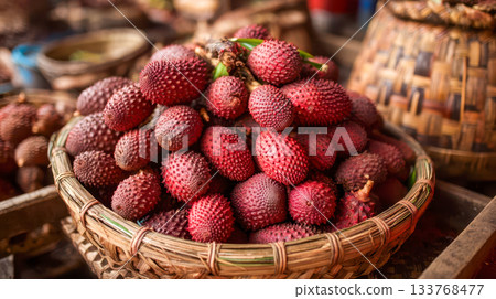 Fresh salak fruits stacked in wicker baskets at a traditional market, exotic tropical snake display 133768477
