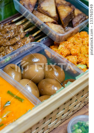 Traditional Indonesian Food Set with Tofu Bacem and Braised Eggs Traditional Indonesian Food Set with Tofu Bacem and Braised Eggs 133768549