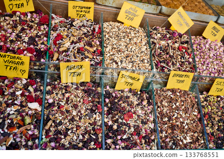 A vibrant display of various herbal teas, each labeled with its specific type and potential health benefits, offering a colorful. A vibrant display of various herbal teas, each labeled with its specific type and potential health benefits, offering a colorful. 133768551