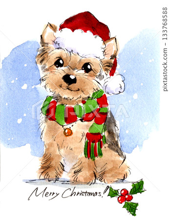 Cute watercolor illustration of a Yorkshire terrier in a Christmas hat Cute watercolor illustration of a Yorkshire terrier in a Christmas hat 133768588