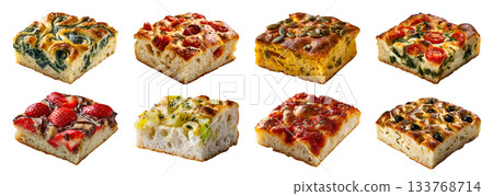 Set of different flavor of classic Italian Focaccia bun bread flat, flatbread leavened, oven-baked with fillings, nuts fruit meat vegetable flavour, transparent cutout PNG. Many Mockup for design 133768714