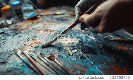 Hands With Paintbrushes In A Chaotic Art Studio 133768790