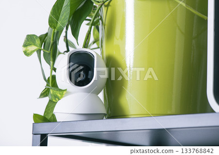a security camera next to a green plant pot 133768842