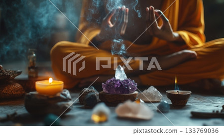 Person Meditating With Crystals And Incense 133769036