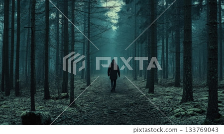Person Walking Through A Dark Forest Of Anxiety Pho 133769043