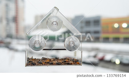 Transparent bird feeder attached to window with suction cups in urban winter setting Transparent bird feeder attached to window with suction cups in urban winter setting 133769154
