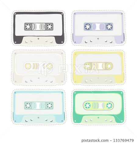 Audio cassette tapes stickers collection, cartoon cute design, multicolored 133769479