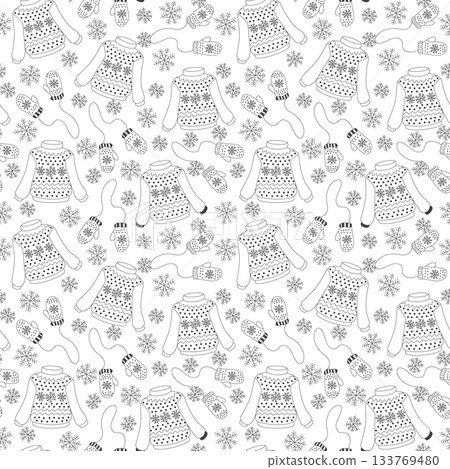 Winter seamless pattern with knitted sweaters, mittens and snow black and white 133769480