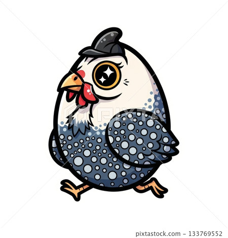 Charming Guinea Fowl Running with Spotted Feathers in Kawaii Style 133769552