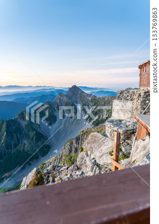View of Maehotakadake and the north ridge during the magic hour from the terrace of Kitahotaka hut. Climbing Kitahotakadake in the Northern Alps 133769863
