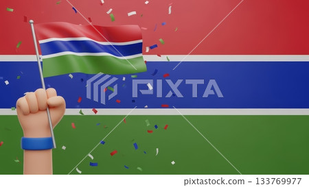 Cartoon Hand Holding the Gambia Flag with Colorful Confetti Background 133769977